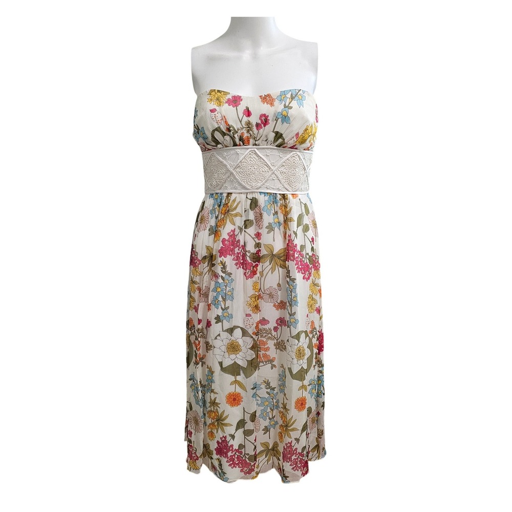 Silk Floral Midi Dress 2 Cream Crochet Lace Trim Strapless Boho Garden Y2K Fairy